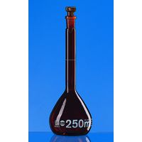 Product Image of Volumetric flask, BLAUBRAND, class A, Boro 3.3 amber, 50 ml, ''W'', white grad., with NS 14/23, with hollow glass stopper, DE-M, with individual certificate