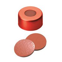Product Image of Bördelkappe, ND11 Verschluss: Aluminium, rot lackiert mit 5,5 mm Loch, Naturkautschuk rot-orange/Butyl rot/TEF transparent, 1,0 mm, 1000/PAK