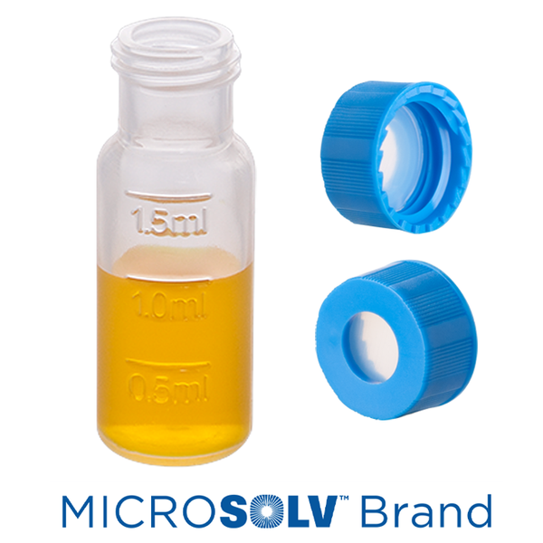Microsolv Set: 2-ml-Autosampler-Vials, braun, PP, Schraubgewinde, mit Füllmarkierung + Schraubverschlüsse (hellblau) mit eingelegten, hochreinen 