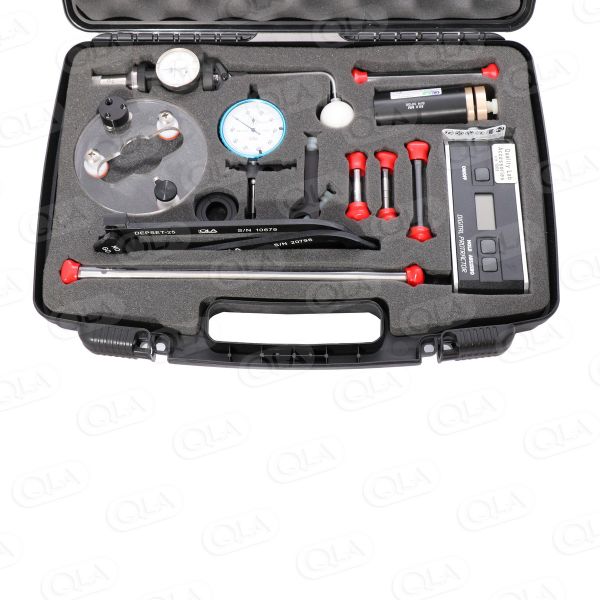QLA ASTM Validation Tool Kit includes Centering Gauge, Wobble Meter, 25mm Depth Set Tool, Go/No Go Gauge, Adapters, Digital Verticality Meter and 