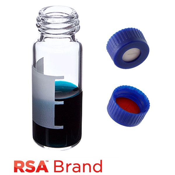 Microsolv Fläschchen & Kappen-Kit inkl. 100 2ml, Schraubkappe, Klarglas RSA Autosampler Fläschchen mit Schreibfeld/Fülllinien & 100 Blaue 