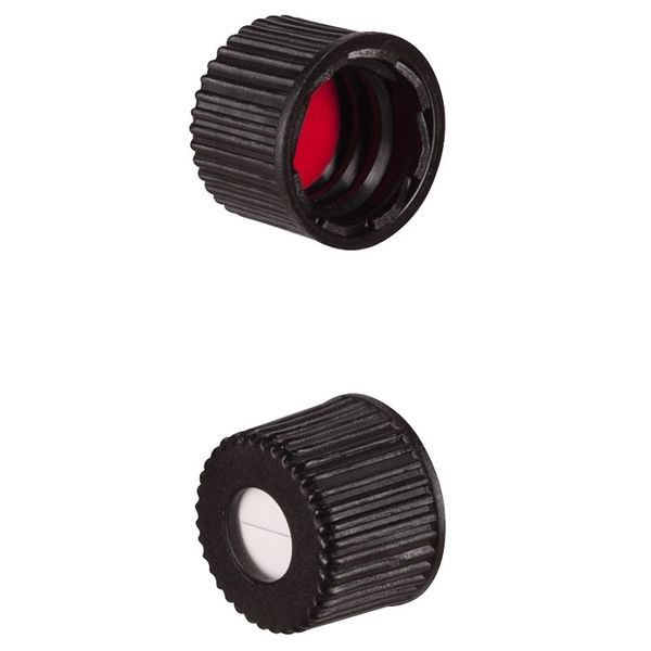 Microsolv Screw Cap black, 8 mm, with white Sil/red PTFE Preslit Fitted Septa 1.3mm, 5.5mm Center Hole, 100 pc/PAK