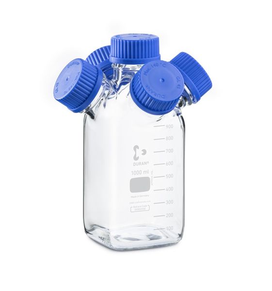 Duran Group DURAN GL 45 Hydra Vierkantflasche, Boro 3.3, klar, 1000 ml, mit 4 GL 45 Seitenhälsen