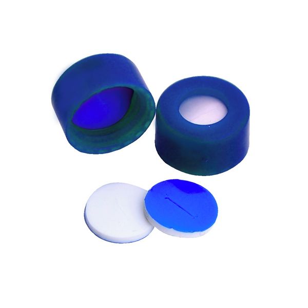 DWK Wheaton 9 mm Schraubkappe, blau, mit vorgeschnittenem PTFE/Silikon-Septum, Schraubgewinde, 100 St/Pkg