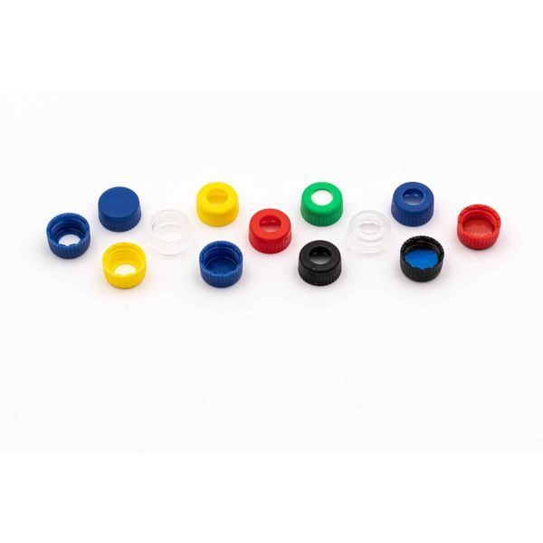 Altmann Analytik 9 mm UltraClean Short Thread Cap, blue PP, with hole with mounted magnetic cap, gold, silicone white/PTFE red, 55° shore A, 1 mm, 10 