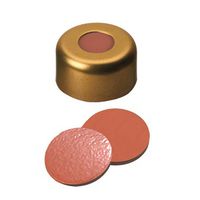 Product Image of Bördelkappe, ND11 Verschluss: Aluminium, gold lackiert mit 5,5 mm Loch, Naturkautschuk rot-orange/Butyl rot/TEF transparent, 1,0 mm, 1000/PAK