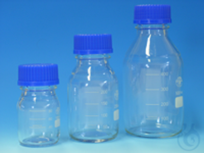 Hecht Gewindeflasche, Borosilikatglas 3.3, mit blauem Verschluss und blauem Ausgießring, mit Teilung 5000 ml