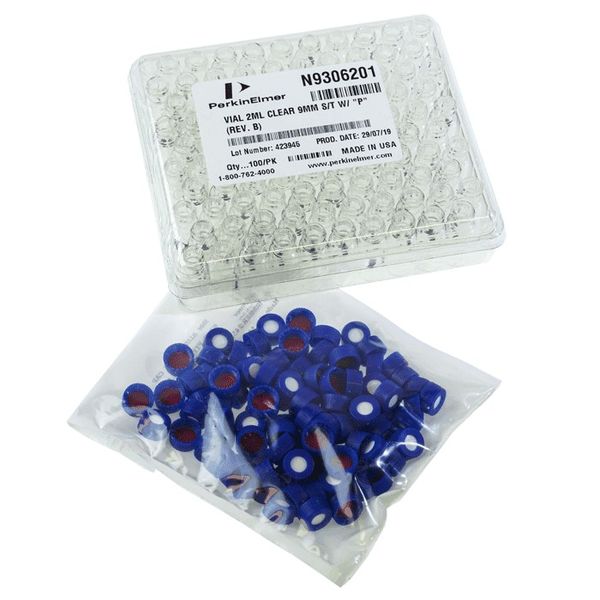 PerkinElmer Schraubverschlussfläschchen, 2 ml, 9 mm, mit PTFE/Silikon Verschluss-Kit, 100 St/Pkg