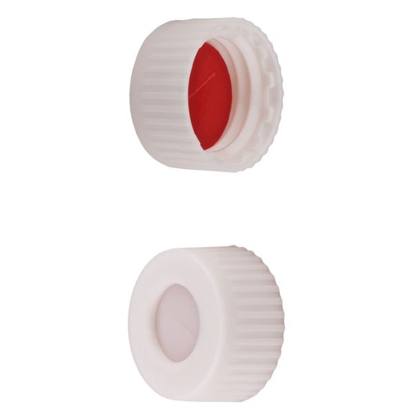 Microsolv Screw Cap white, 9 mm, with white Sil/red PTFE Preslit Bonded Septa, Ribbed, 100 pc/PAK