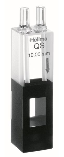 Hellma Flow-Through Cell, Type 175-QS, HP Quartz Glass, WL 200-2500 nm, Pathlength 10 mm, (HxW) 11x6.5 mm, Centerheight 15 mm, 750 μl, in/outlet tubes