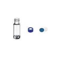 Product Image of HPLC/GC cert. 2in1-KIT: (0365+1681) 1.1ml microliter short thread bottle ND9, clear glass, 1.hydrol. Class, solid conical glass bottom + UltraBond 9mm PP cap, blue, hole, slit silicone white/PTFE blue, 1mm