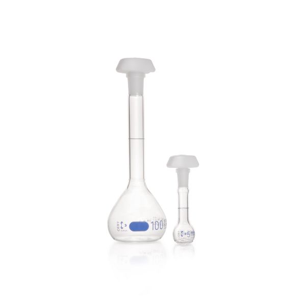 Duran Group Messkolben, klar, NS 10/19, 5 ml, blaue Skala, AW, mit Einzelzertifikat, PE-Stopfen, 2 St/Pkg, mit Ringmarke