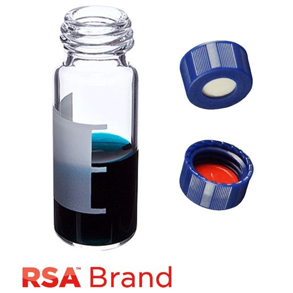 Microsolv Fläschchen & Kappen-Kit inkl. 100 2ml, Schraubkappe, Klarglas RSA Autosampler Fläschchen mit Schreibfeld/Fülllinien & 100 blaue 