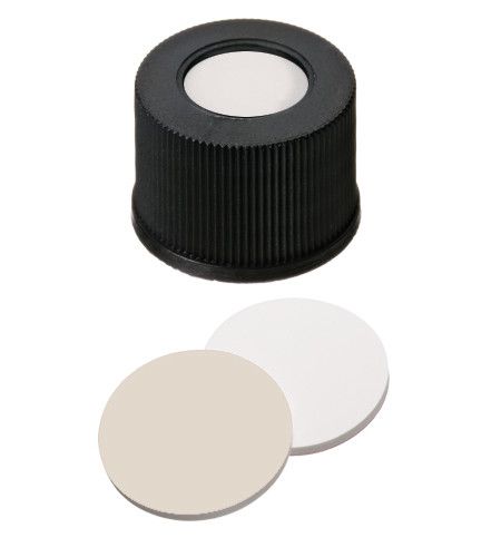 Altmann Analytik 10 mm Schraubverschluss, 10-425, PP schwarz, Mittelloch, Silikon weiß/PTFE beige, 45° shore A, 1,5 mm, 10 x 100 St/Pkg