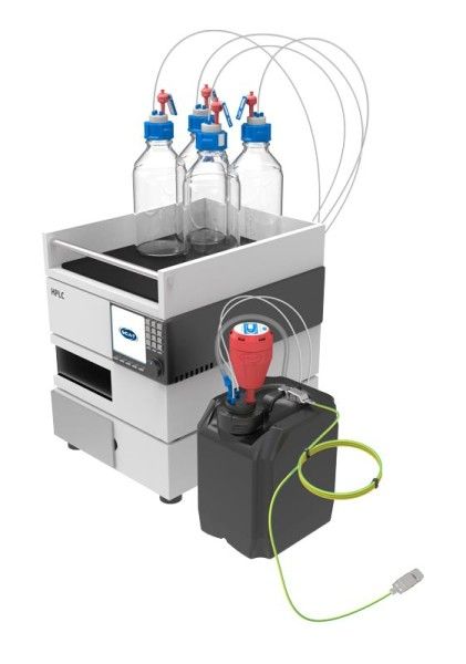 SCAT HPLC Supply/Disposal Set, V3.0: 4 x Safety Cap III, GL45, 1 x Canister, 5 L, PE-HD-EL, 4 x laboratory Bottle DURAN, GL45, 1 L, with accessories