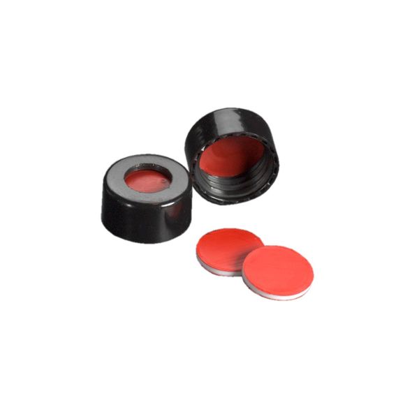 DWK Wheaton 9 mm ScrewTin, black, with PTFE/silicone/PTFE septum, screw thread, EVA, 100 pc/PAK