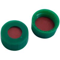 Product Image of 9 mm PP screw cap, green, with hole, 9 mm Septum, natural rubber red-orange/TEF transparent, 55° shore A, 1 mm, 1000 pc/PAK