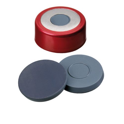 Altmann Analytik Bördelkappe, 20 mm Verschluss: Magnetische Bimetall Kappe, rot lackiert, mit 8 mm Loch, Formscheibe Butyl/PTFE, grau, 50° shore A, 