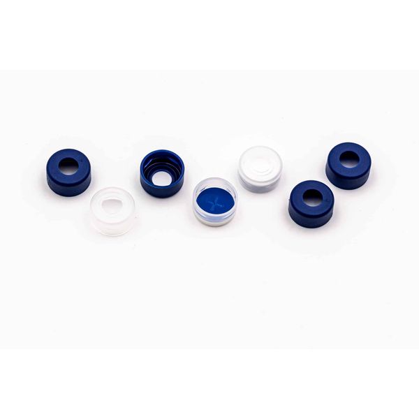 Altmann Analytik 11 mm PFAS Safe Guard Schnappringkappe, PE blau, mit Loch, Silikon weiß/PP transparent, 1 mm, für PFAS Analysen, 10 x 100 St/Pkg