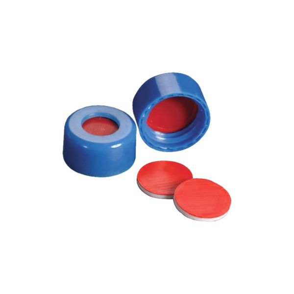 DWK Wheaton 9 mm screw cap, blue, with PTFE/silicone/PTFE septum, screw thread, EVA, 100 pc/PAK