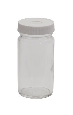 JG Finneran 4 oz, 125 ml Clear Septum Bottle, 48x112 mm, 22-400 mm Open Top Black PP Cap, PTFE/Silicone Septa, 24 pc/PAK