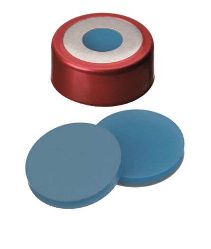 Altmann Analytik Bördelkappe, für Headspace-Flasche mit PTFE/Silikonsepten, 20 mm, mit 8 mm Loch, Silikon blau transparent/PTFE transparent, 45° shore