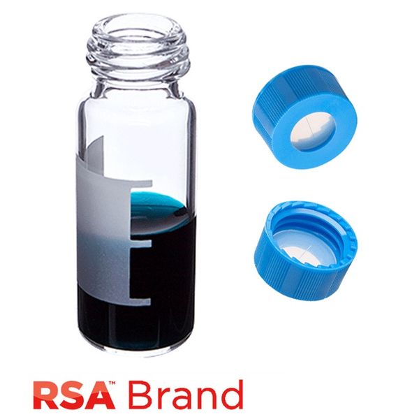 Microsolv Fläschchen & Kappen-Kit inkl. 100 2ml, Schraubkappe, Klarglas RSA Autosampler Fläschchen mit Schreibfeld/Fülllinien & 100 hellblaue 