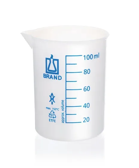 Brand GmbH & Co. KG Becher, niedrige Form, ETFE, 500 ml:100 ml, mit Teilung und Ausguss, mit Bördelrand
